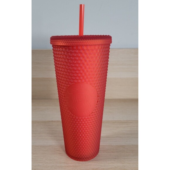 Starbucks Venti 24 Oz Studded Bling Tumbler Cup Holiday 2020 Matte Red Orange - Picture 1 of 7